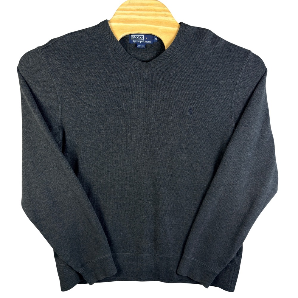 VINTAGE Polo Ralph Lauren Sweater Mens Medium Gray V-Neck Long Sleeve Pony